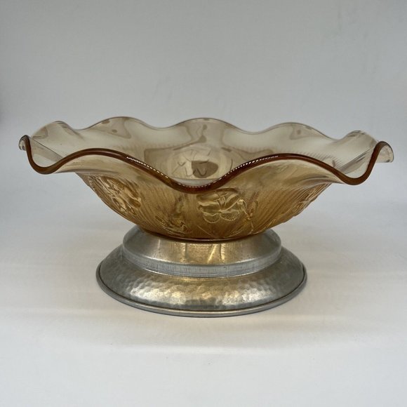 Vintage Peach Opalescent Carnival Glass Embossed Flower Bowl on Aluminum Stand - Picture 1 of 3